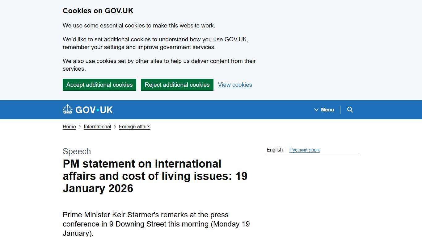PM statement on international affairs and cost of living issues: 19 January 2026 - GOV.UK