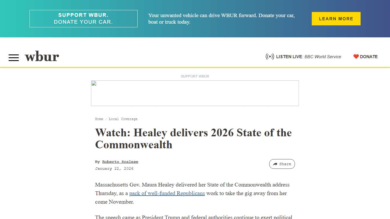 Watch: Healey delivers 2026 State of the Commonwealth WBUR News